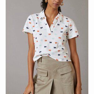 Anthropologie Maeve Polo Shirt Bow Embroidered Collared Split Cropped Womens XS